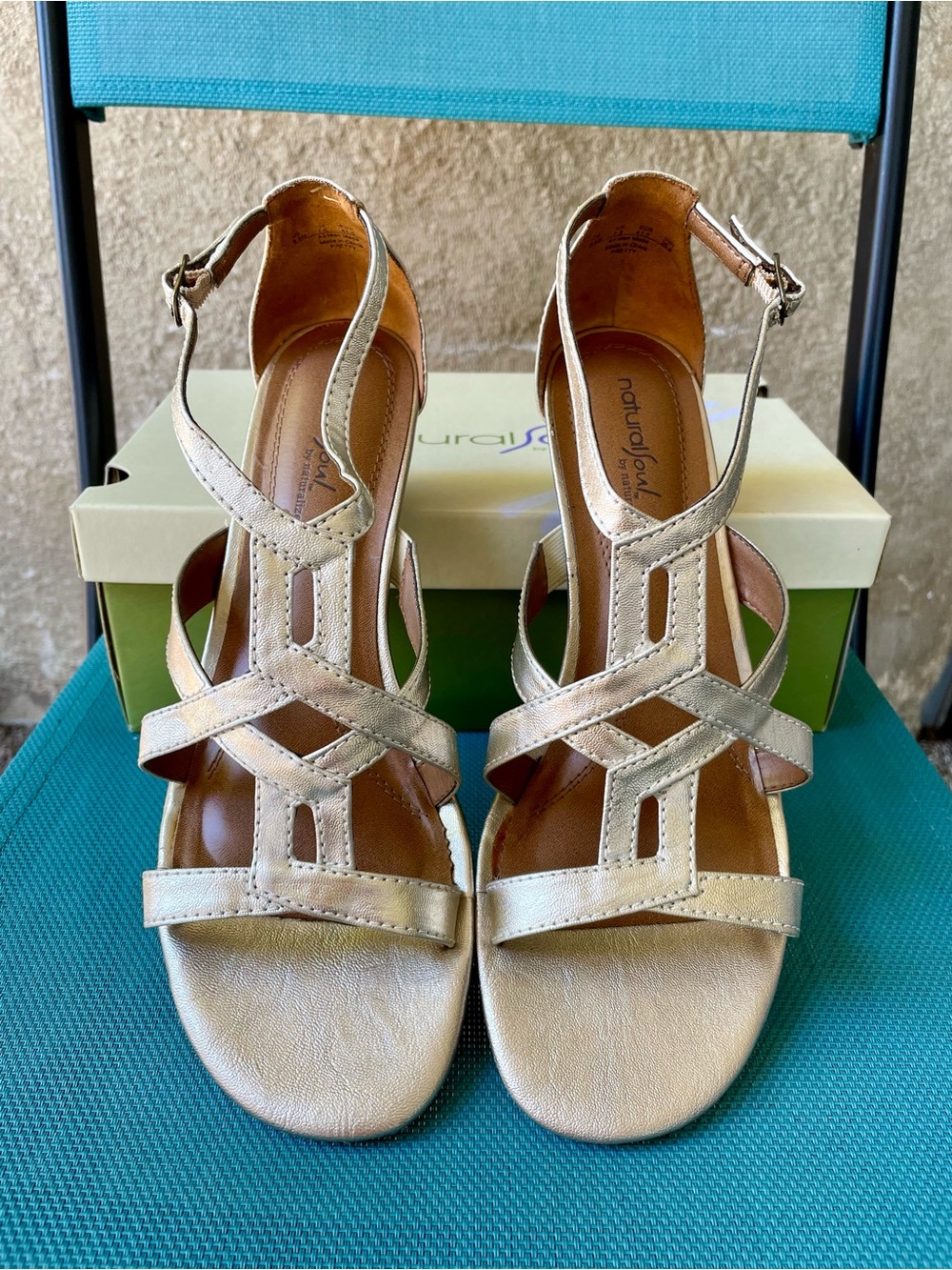 Natural Soul Metallic Champagne Strappy Wedge Gladiator Sandals (9.5M)